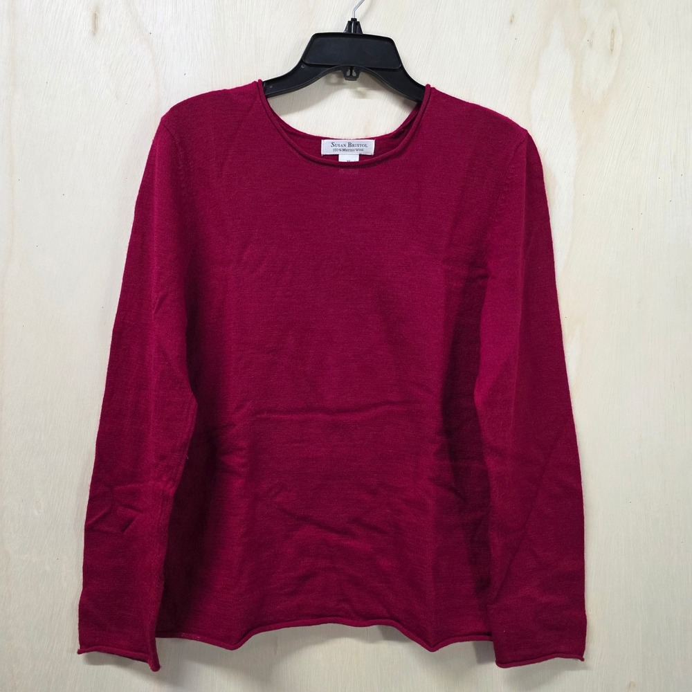 Susan Bristol Womens XL Berry Red 100% Merino Wool Crew Neck Rolled Hem Sweater
